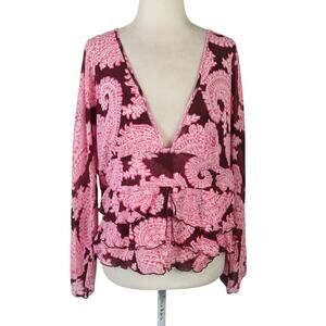 Vintage 90s/Y2K New York & Company Pink and Burgundy Paisley Mesh Top XL